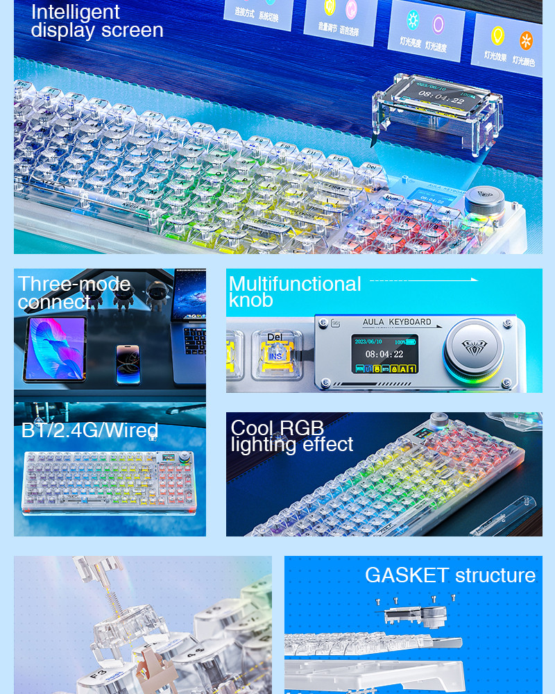 AULA F98pro Mechanical Keyboard 95 Keys Tri-mode Connect RGB Hot Swap ...