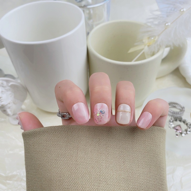 [Free Glue] Handmade Nail Pink Flower Glitter Highlights Short Square