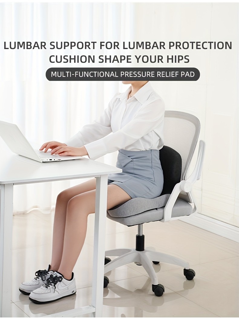 Memory Foam L-Shaped Office Chair Cushion - Lumbar & Tailbone Support, Non-Slip, Removable Cover, Dark Grey