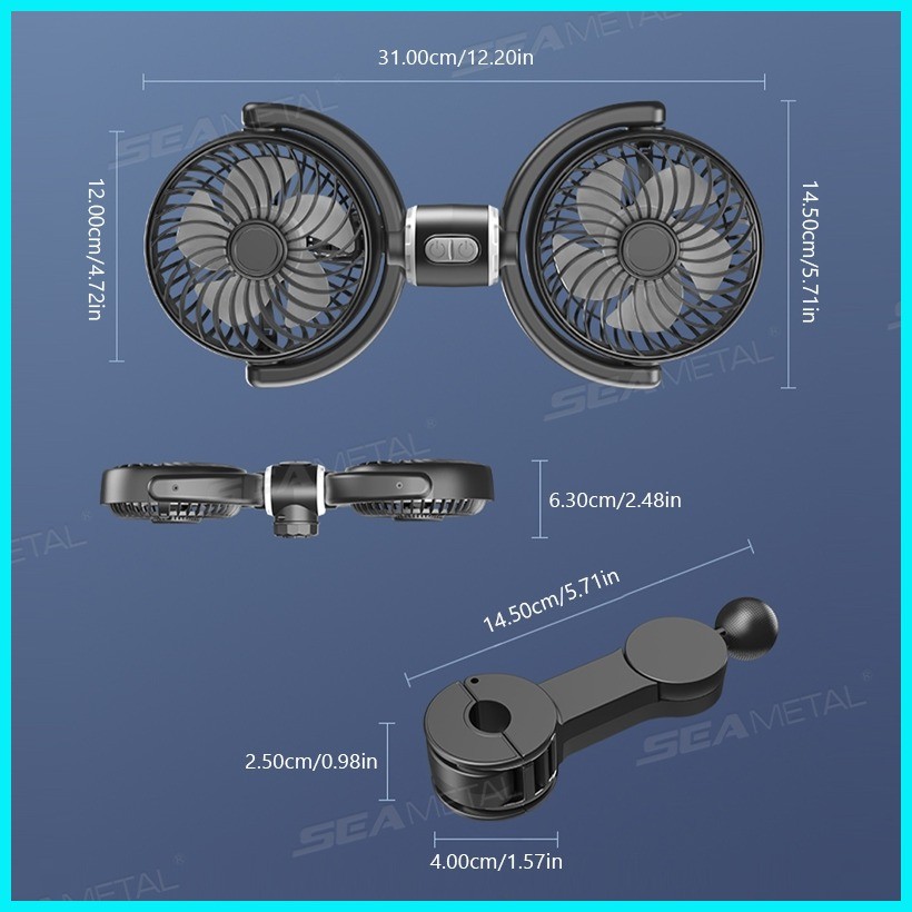 SEAMETAL Dual-Head Car Fan Rotatable Car Rear Seat Fan 3-Speed ...