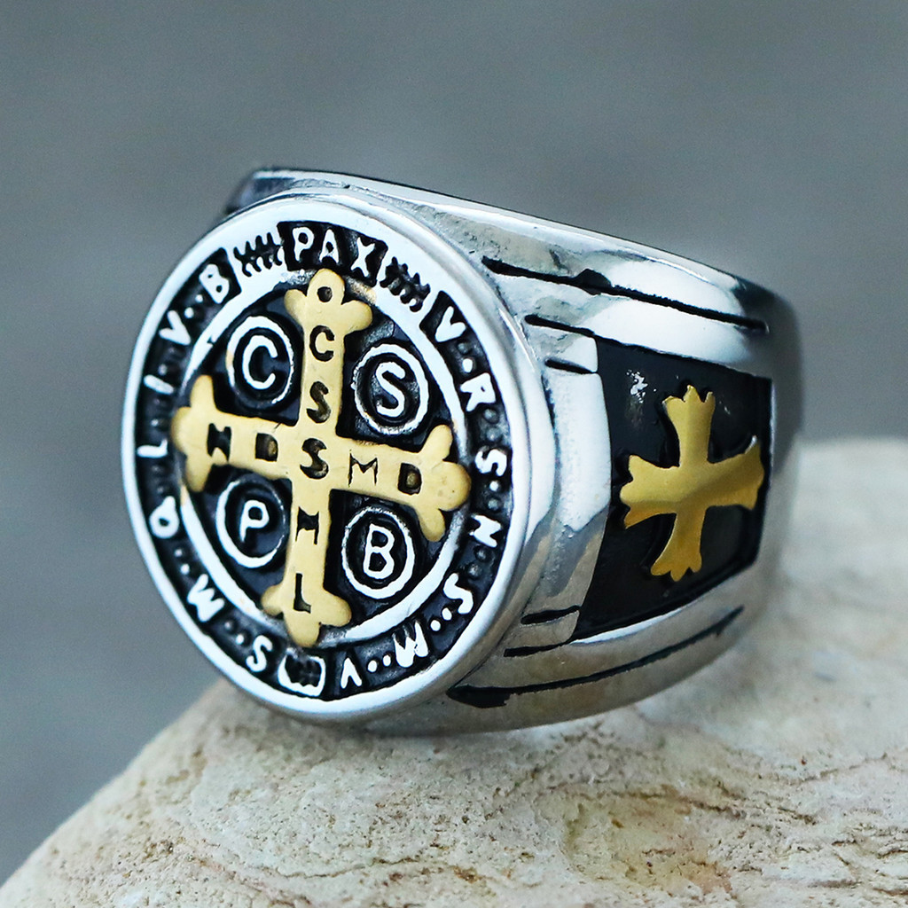 Catholic Patron Saint Benedict of Nursia Holy Medal Jesus Ring 316L ...