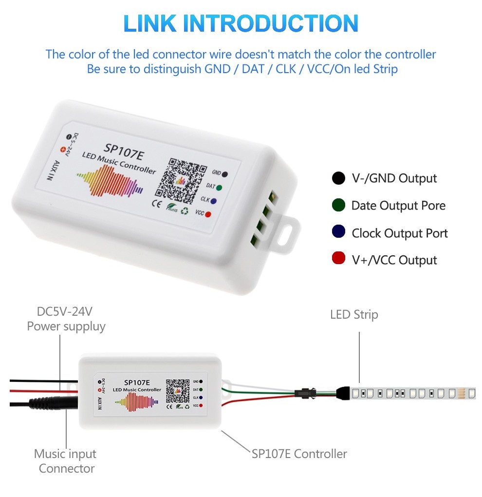 SP107E DC5V-24V Bluetooth Music LED Controller full color RGB SPI ...