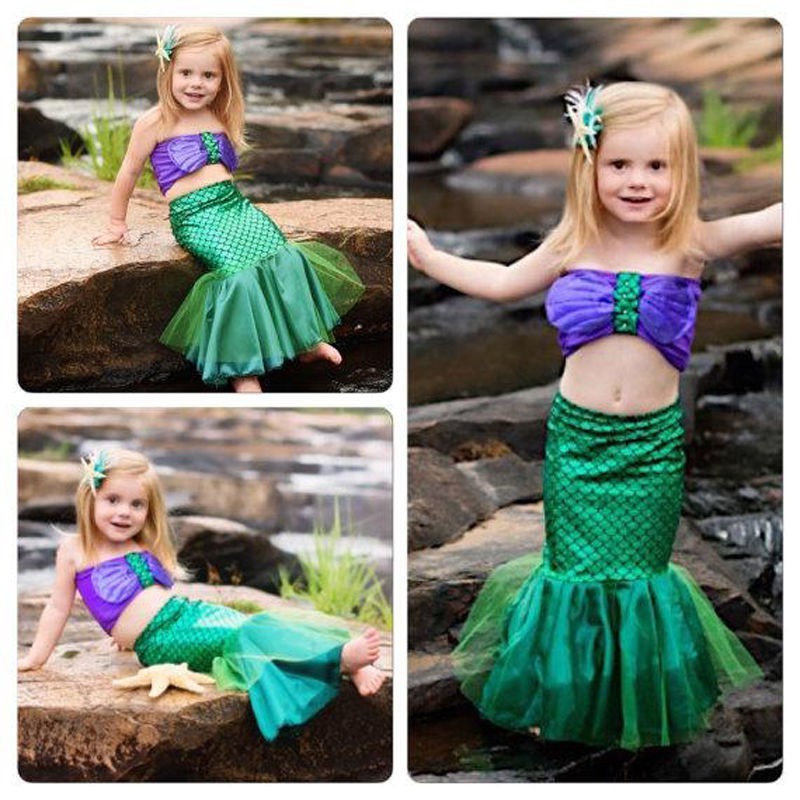 3-8Y Little Mermaid Princess Ariel Fishtail Dress For Kids Girl 3Pcs ...