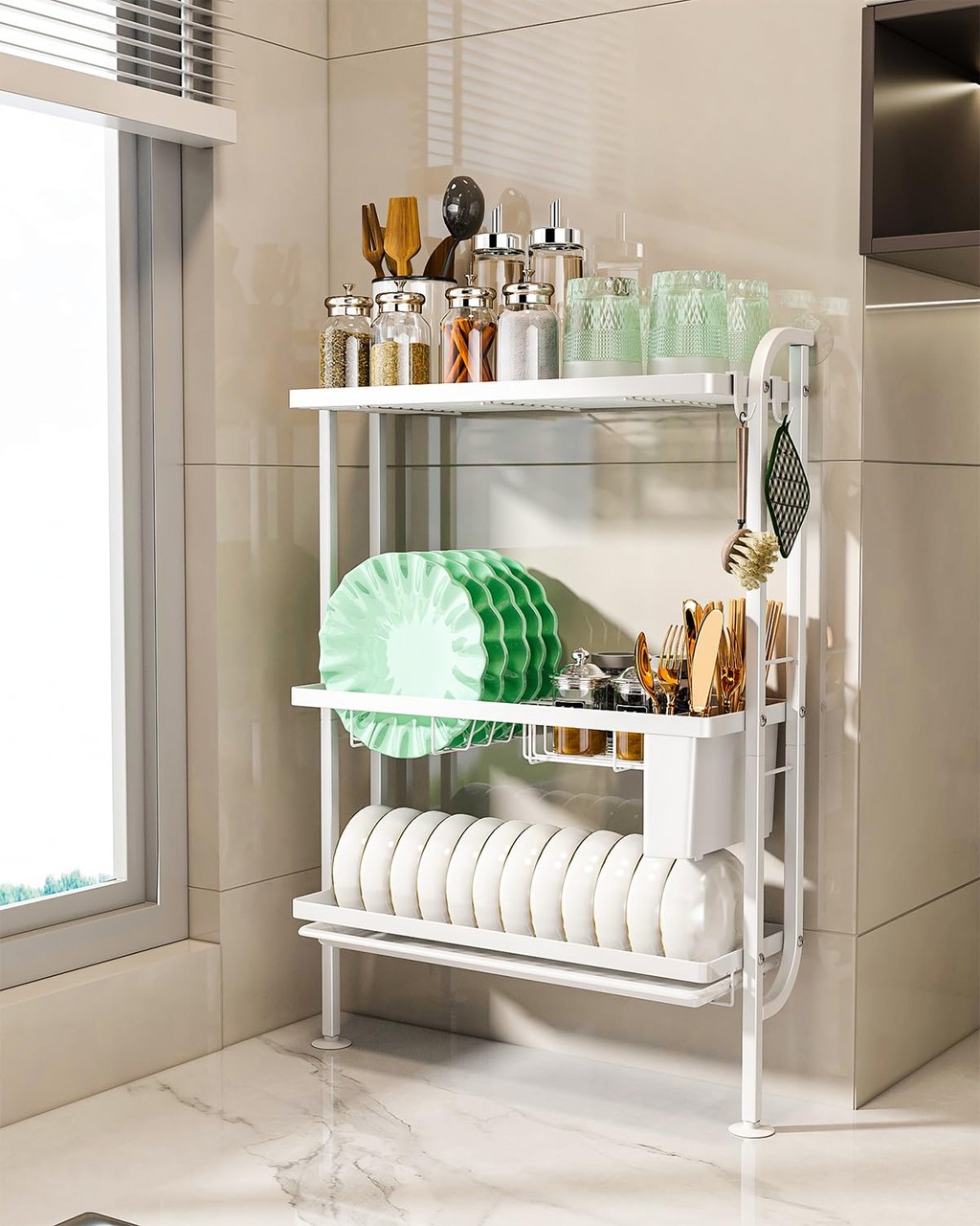 Kitchen countertop 3-layer wall mounted dish drying rack without holes ...