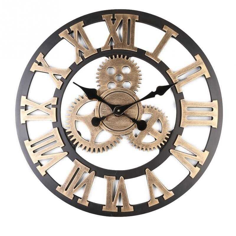 Large 0 Classic Vintage Wooden Wall Retro Gear Hanging Clock Roman