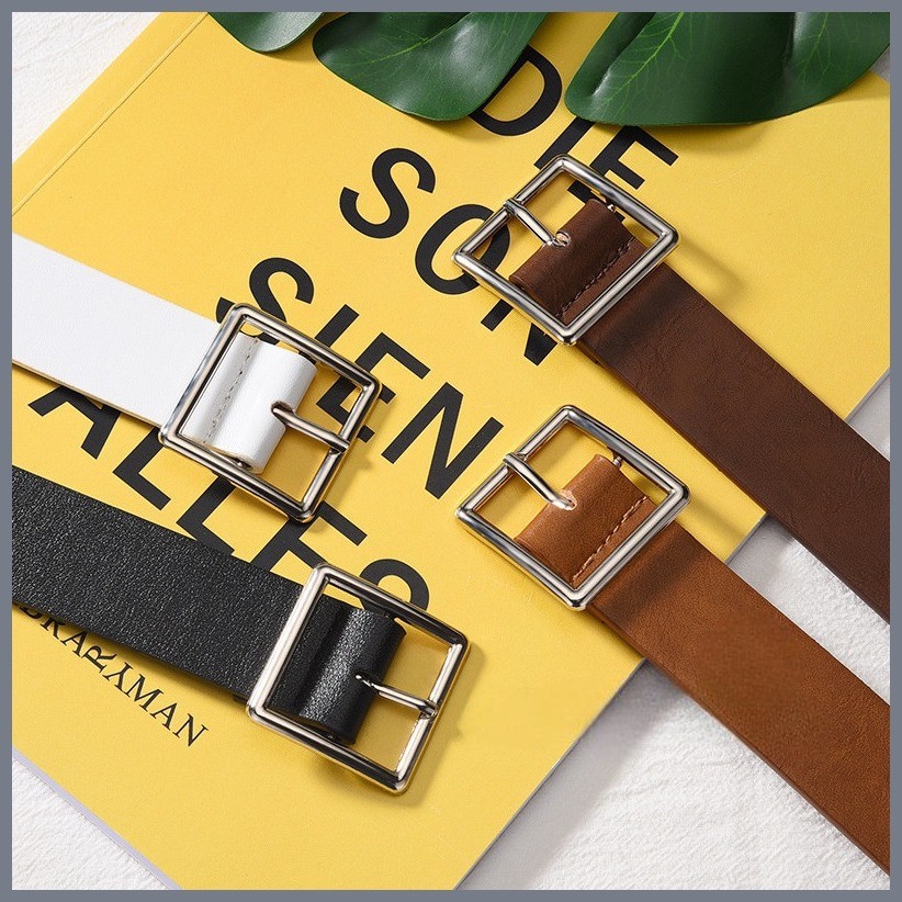 ∯ S&F Square Belt Unisex Vintage Silver Metal Leather Waist Belt ...