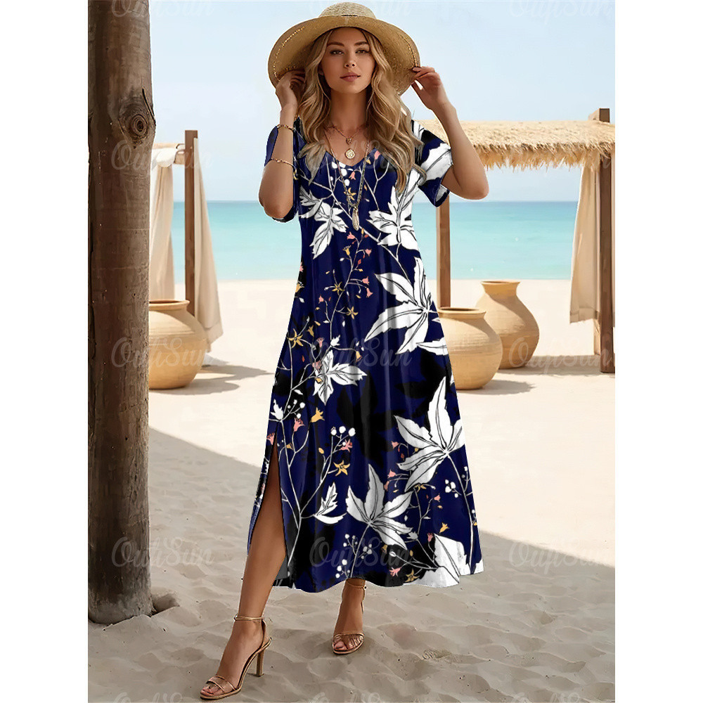 Vacation style V-neck slit seaside slim loose sexy dress