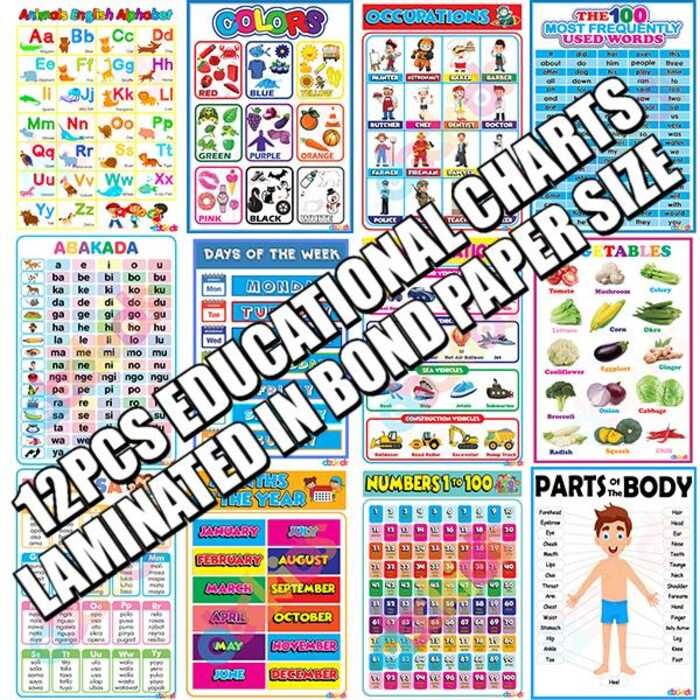 12Pcs Learning Materials And Educational Charts For Kids - Bond Paper ...