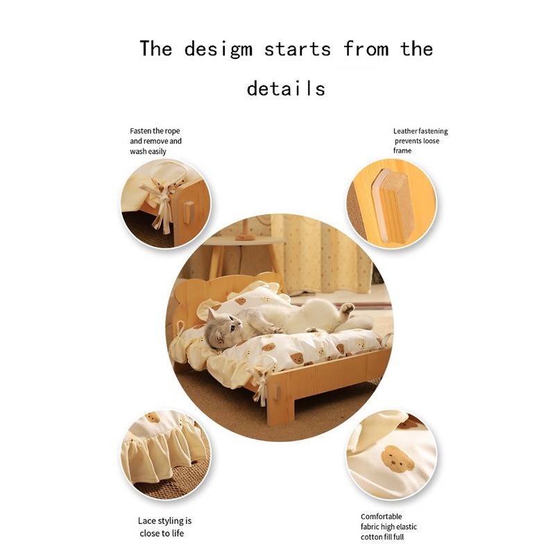 Cat Bed Wooden Cat And Dog Bed With Teddy Bear Pattern Indoor Pet