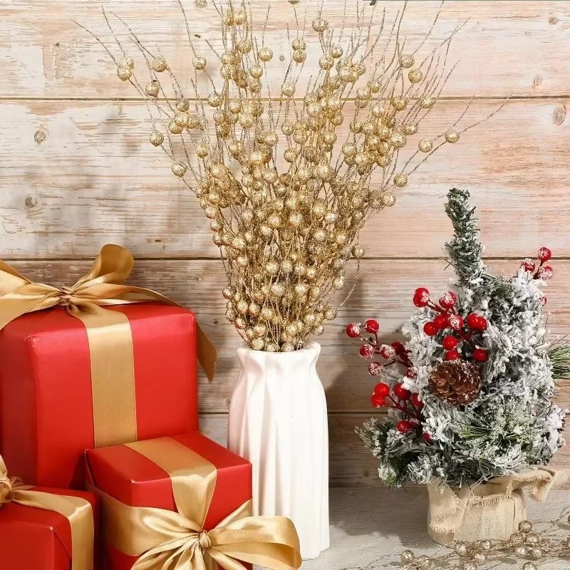 3/5/10Pcs Wholesale Artificial Glitter Berry Stem Branches Xmas Tree