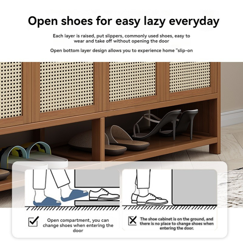 Shoe Cabinet Rattan Shoe Rack with Door Drawer Solid Wood Shoe Shelf ...