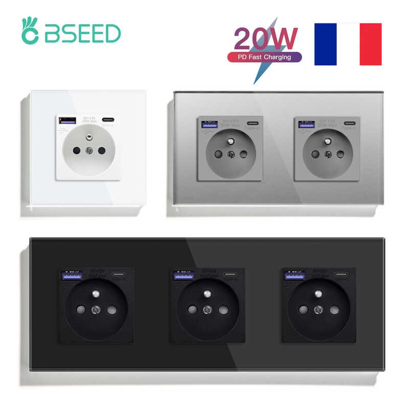 BSEED PD Fast Charge USB Type-C Socket French Double Sockets Glass ...