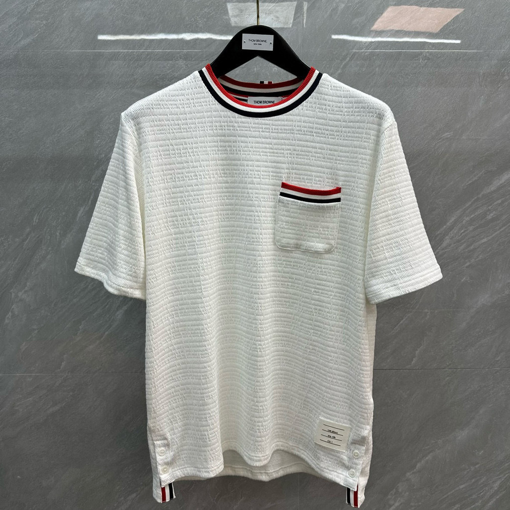 Thom Browne Mesh Color Stripe Round Neck Chest Pocket Shorts Unisex T ...