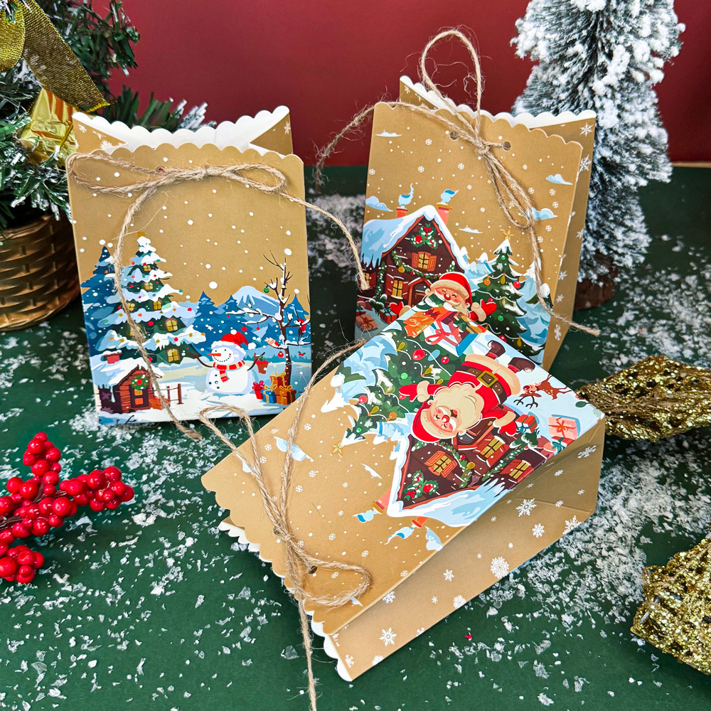 10Pcs Christmas Candy Bisuit Gift Bag Santa Claus Snowman Kraft Paper
