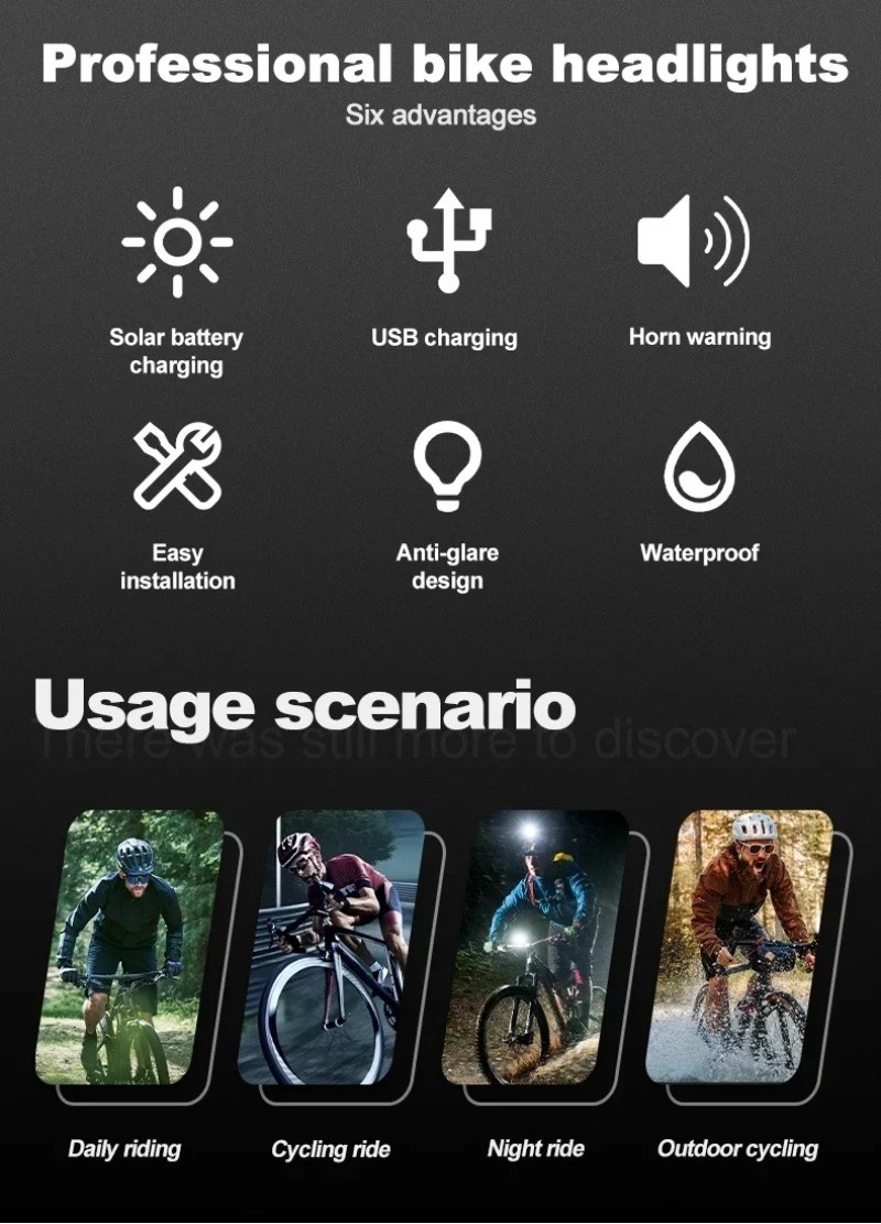 BUCKLOS Bicycle Headlight with Horn Solar Charging Ultralight Bike