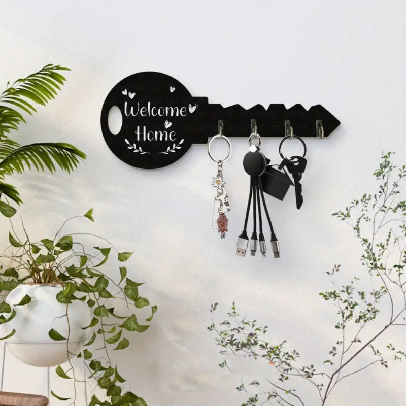 Wooden Large Key Shape Holder - Shelf & Multi-Purpose Hook, Space ...