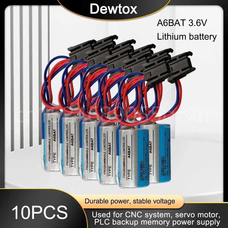 10-Pack ER17330V/3.6V A6BAT Lithium Batteries - 1700mAh, With 2-Pin Plug, For PLC, CNC, Servo Drivers