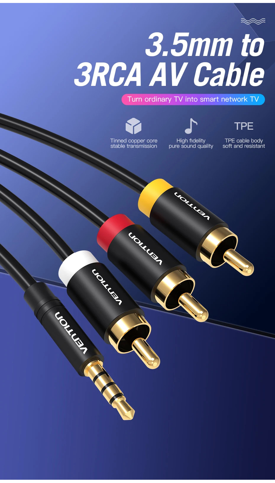 Vention Jack 3.5mm to 3RCA Cable 3.5mm Jack Male to 3 RCA Male AUX ...