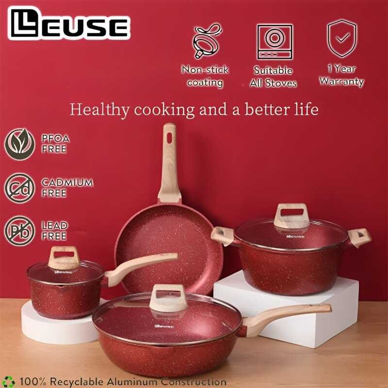 Nonstick LEUSE Pan Kitchen Cookware Set 4 Pieces Wok One Piece Die Cast ...