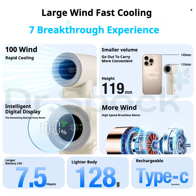Dr.spock Handheld Mini Fan 4000mAh High Speed Pocket Fan Boost Wind ...