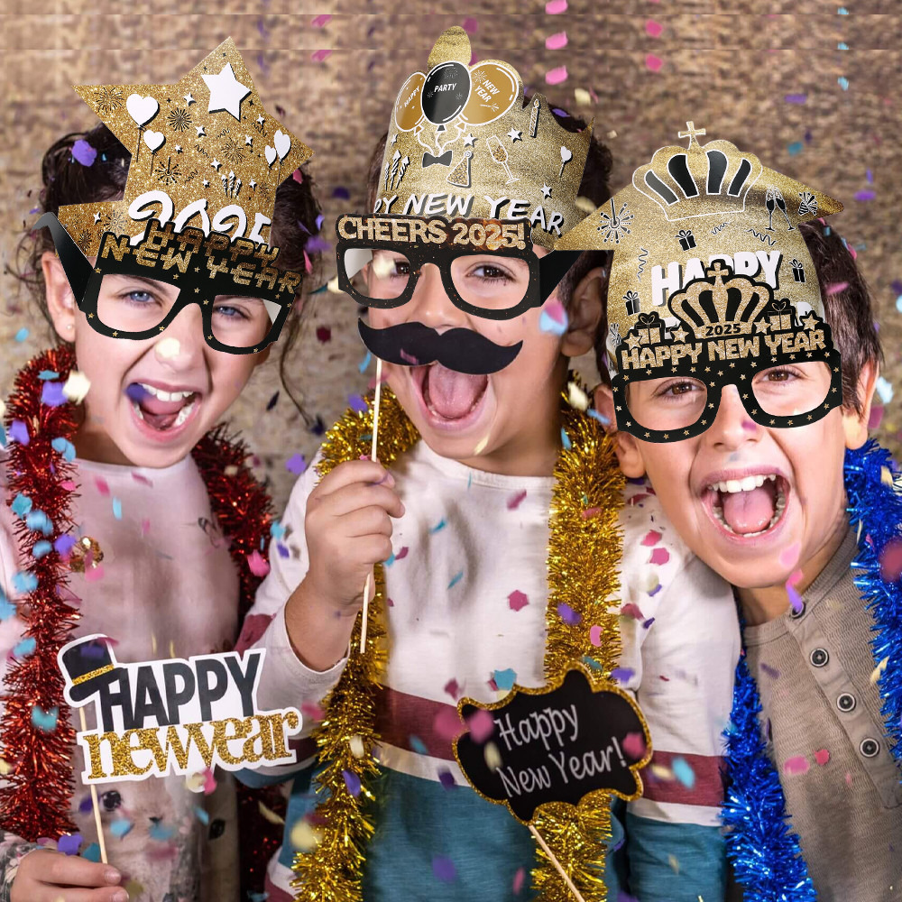 6/12pcs New Year 2025 Holiday Paper Hat Glasses Happy New