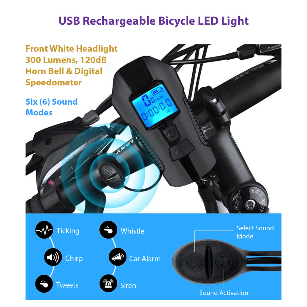 USB Rechargeable Bicycle LED Headlight 300 Lumens 120dB Horn Bell ...