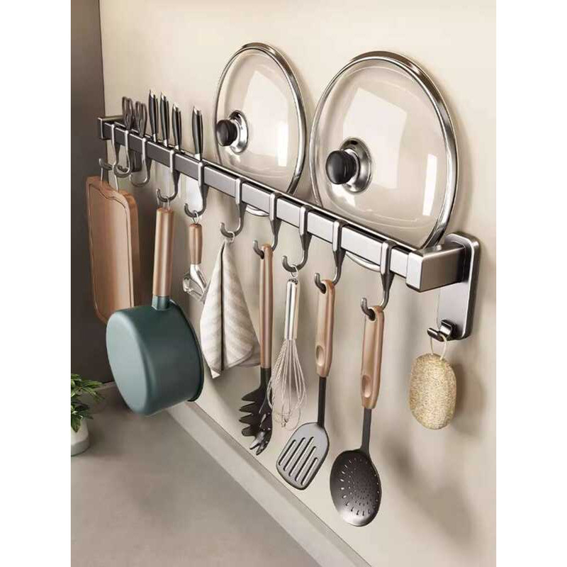 Japanese Gunmetal Gray No-Drill Wall-Mounted Hook Kitchen Storage Rack ...