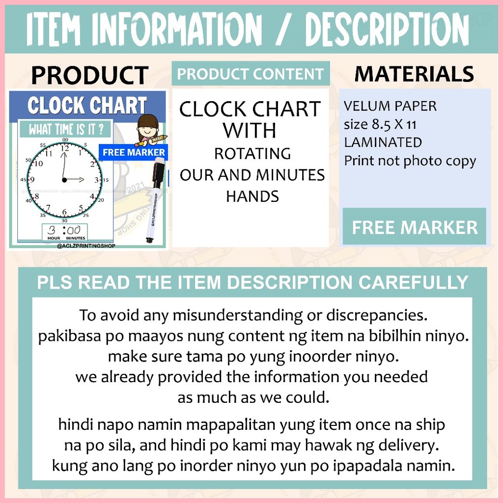 REUSABLE CLOCK CHART WITH FREE MARKER ( SHORT BOND PAPER SIZE ...