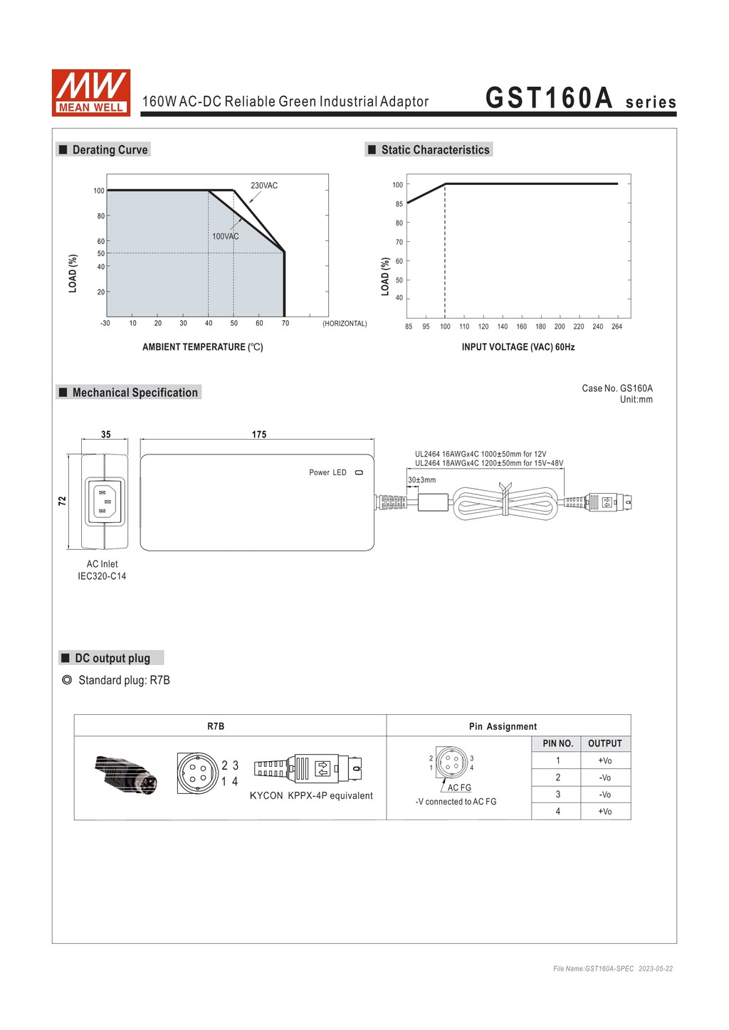 Mean Well GST160A15-R7B Netzteil – 160W, 15V, 9,6A, Mit PFC, Schutzkontakt IEC320-C14, Temperatur -30 Bis +70°C