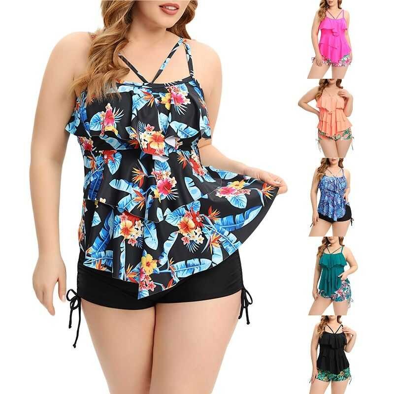 Women Plus Size Print Two Piece Tankini Swimsuits 3-Tiered Ruffle Unce ...