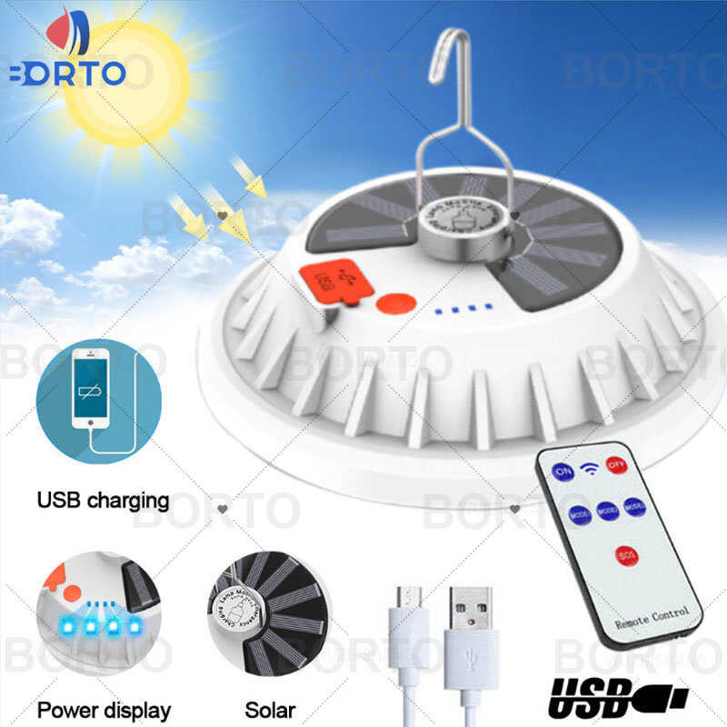 60/120 LED Solar Camping Remote Control Tent Lamp USB Rechargeable ...