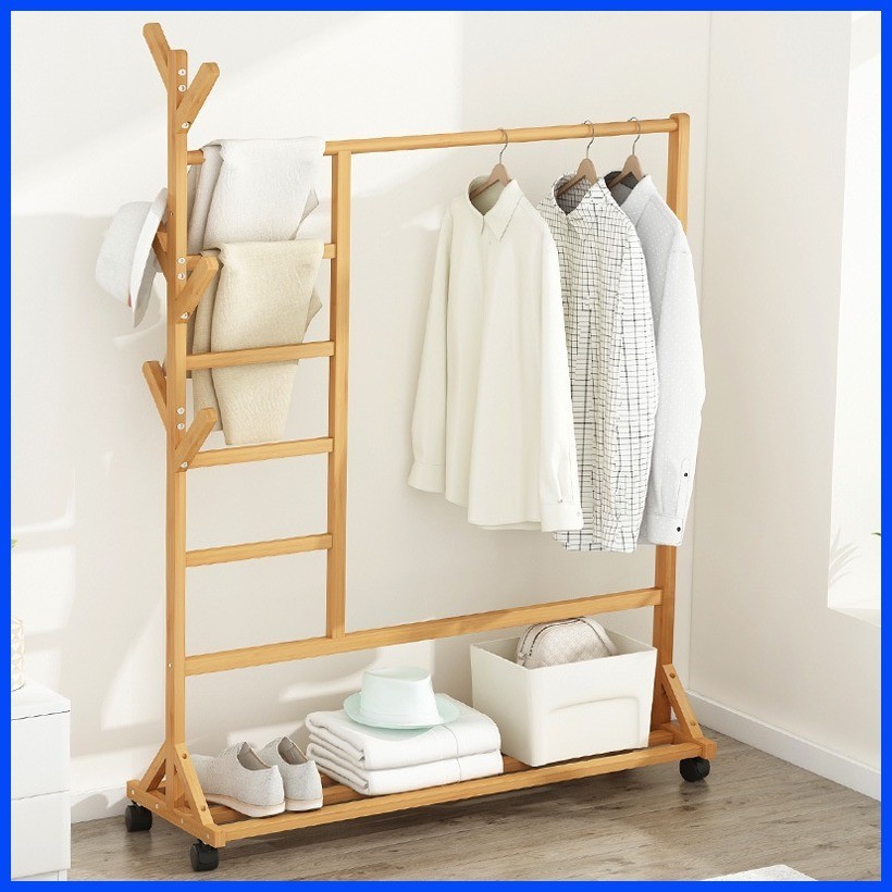 SUNNY BIERE Clothes Rack Bamboo 50 60 80 100CM 4 Wheels Moveable Wooden Clothes Hanging Rack Shopee Philippines