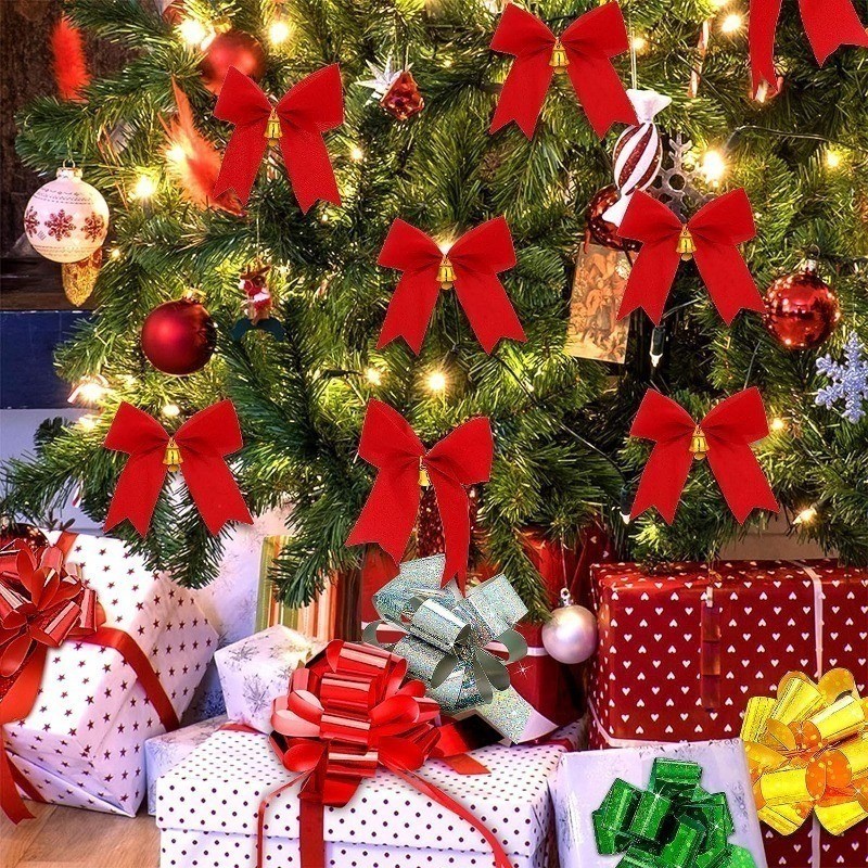 12Pcs Christmas Mini Glitter Ribbons Bow / Xmas Tree Ornaments Gift ...