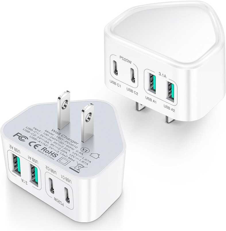 Charger 2-Pack USB Block 40W Thin Flat Fast Charging Bloc 4-Port Slim ...