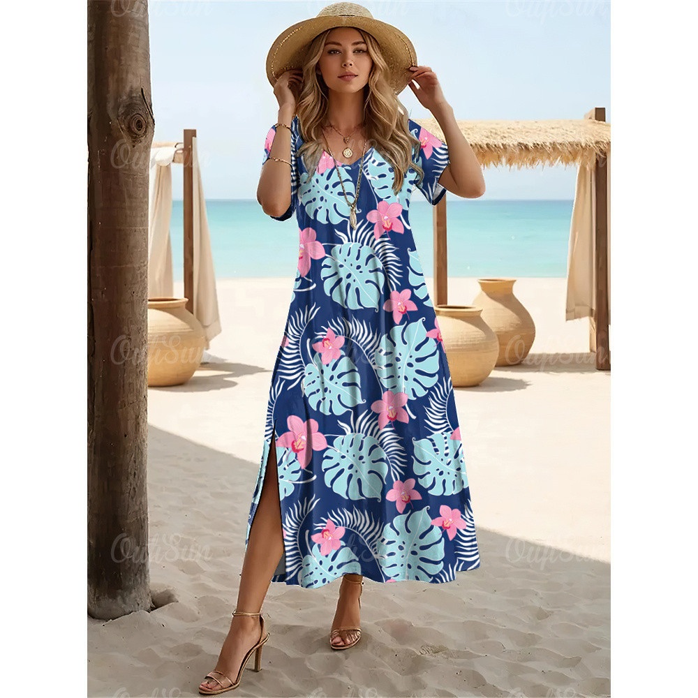 hawaiian-v-neck-slit-long-skirt-coconut-tree-print-dress-vacation-women