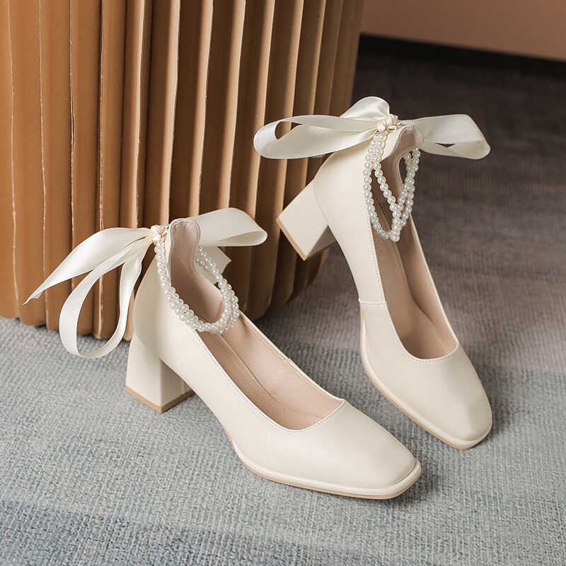Heels Block For Women Pumps Square Toe Social Female Shoe LaceUp Mary