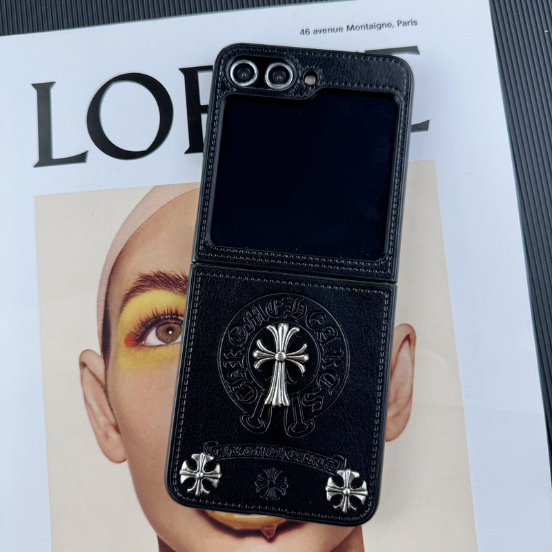 Fashion Chrome Heart Leather Case For Samsung Galaxy Z Flip 6 5 4 3 2