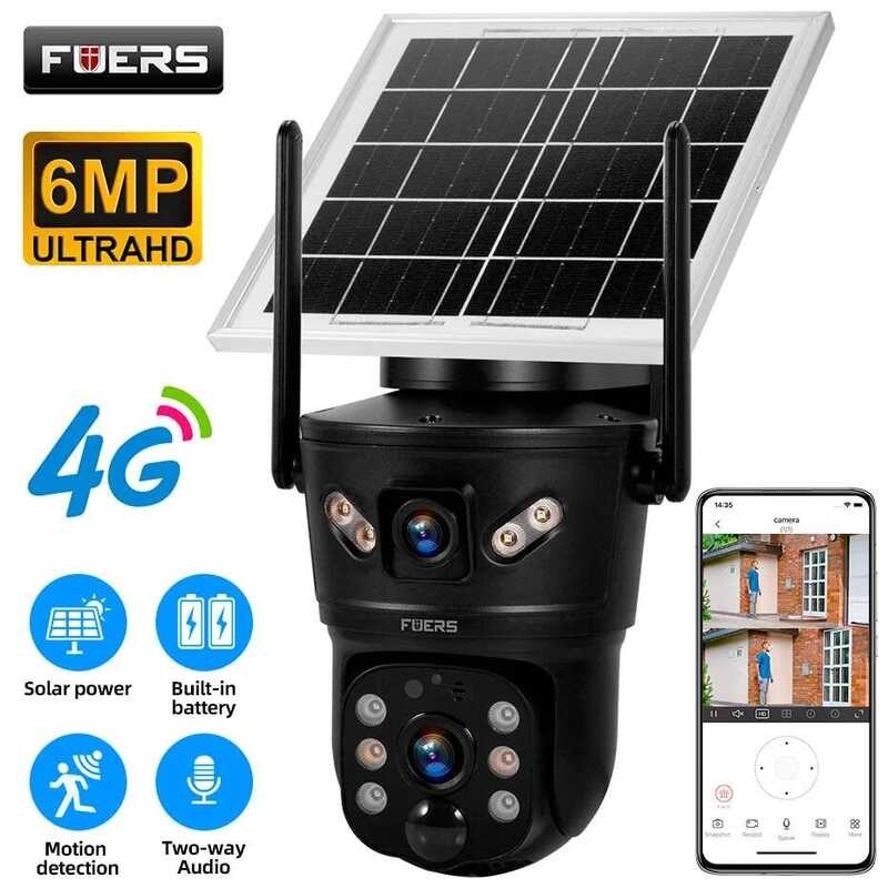 FUERS 4G LTE SIM Solar PTZ 6Mp 2K Panel Dual Lens Outdoor Camera Home ...