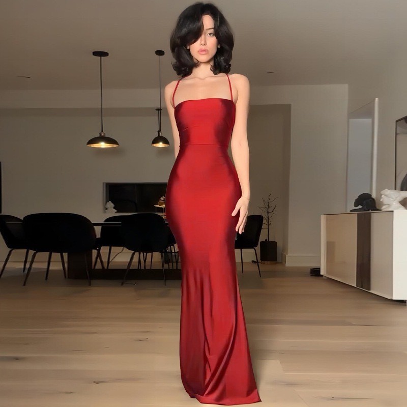 Women's Clothing 2025 Red Backless Long Silk Dress Lace-up Chest Wrap ... image.