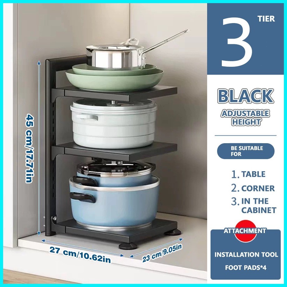 4 Tier Pan Organizer Kitchen Under Sink Storage Rack Grey Detachable ...