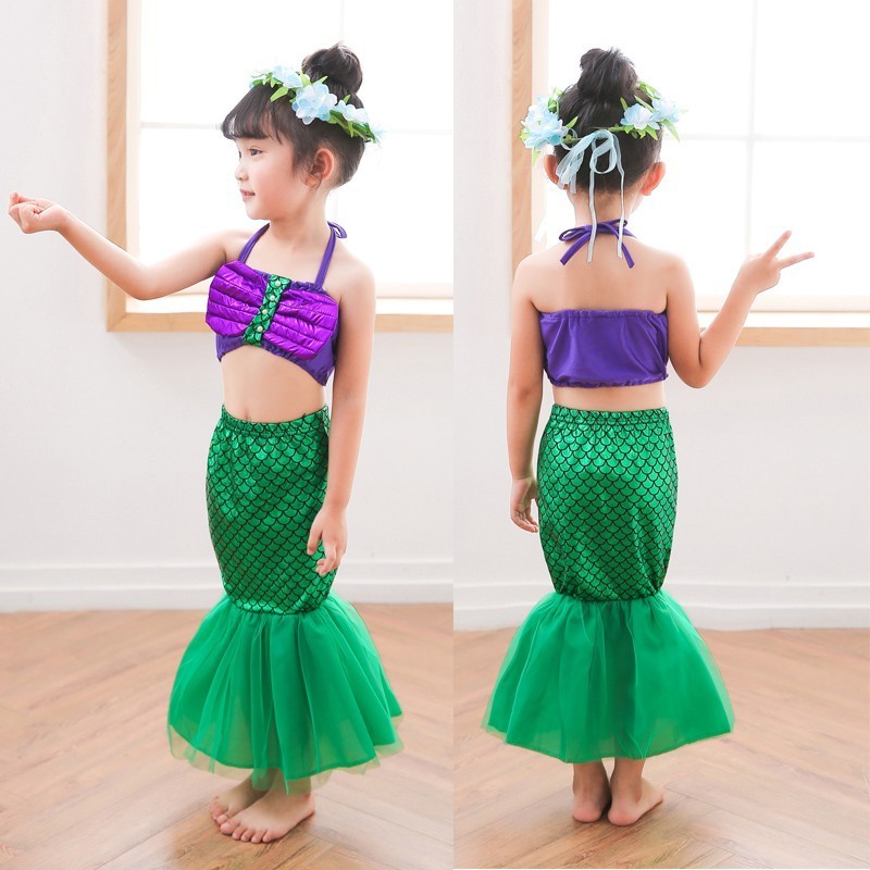 3-8Y Little Mermaid Princess Ariel Fishtail Dress For Kids Girl 3Pcs ...