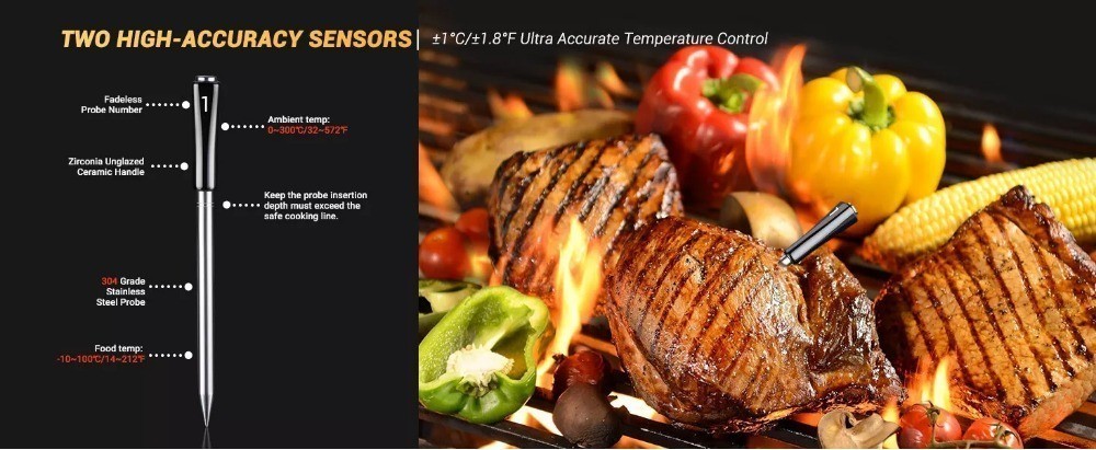Pool Thermometer Thermomètre Viande WiFi - 4 Sondes Inox - Appli Smartphone Barbecue Four Inkbird Int-14-bw