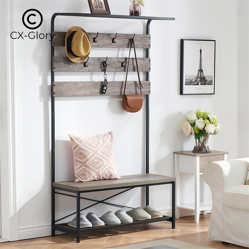 Clothes rack with shoe stool and metal coat rack Storage rack organizer ...