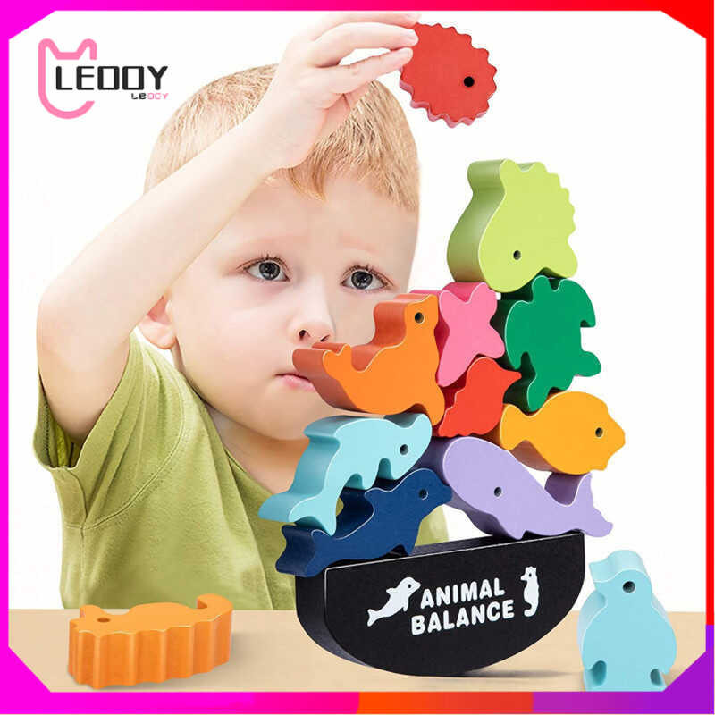 Educational Stacking Building For Kids Wooden Animal Balance Blocks ...