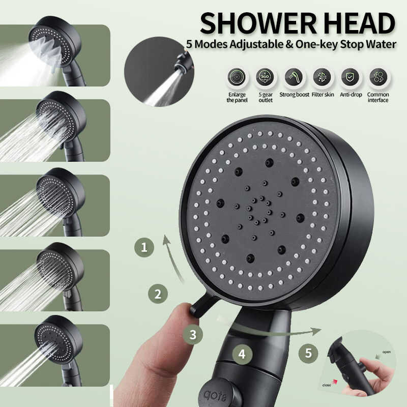 5 Mode Adjustable High Pressure Shower Head Turbo Shower, One-Key Stop ...
