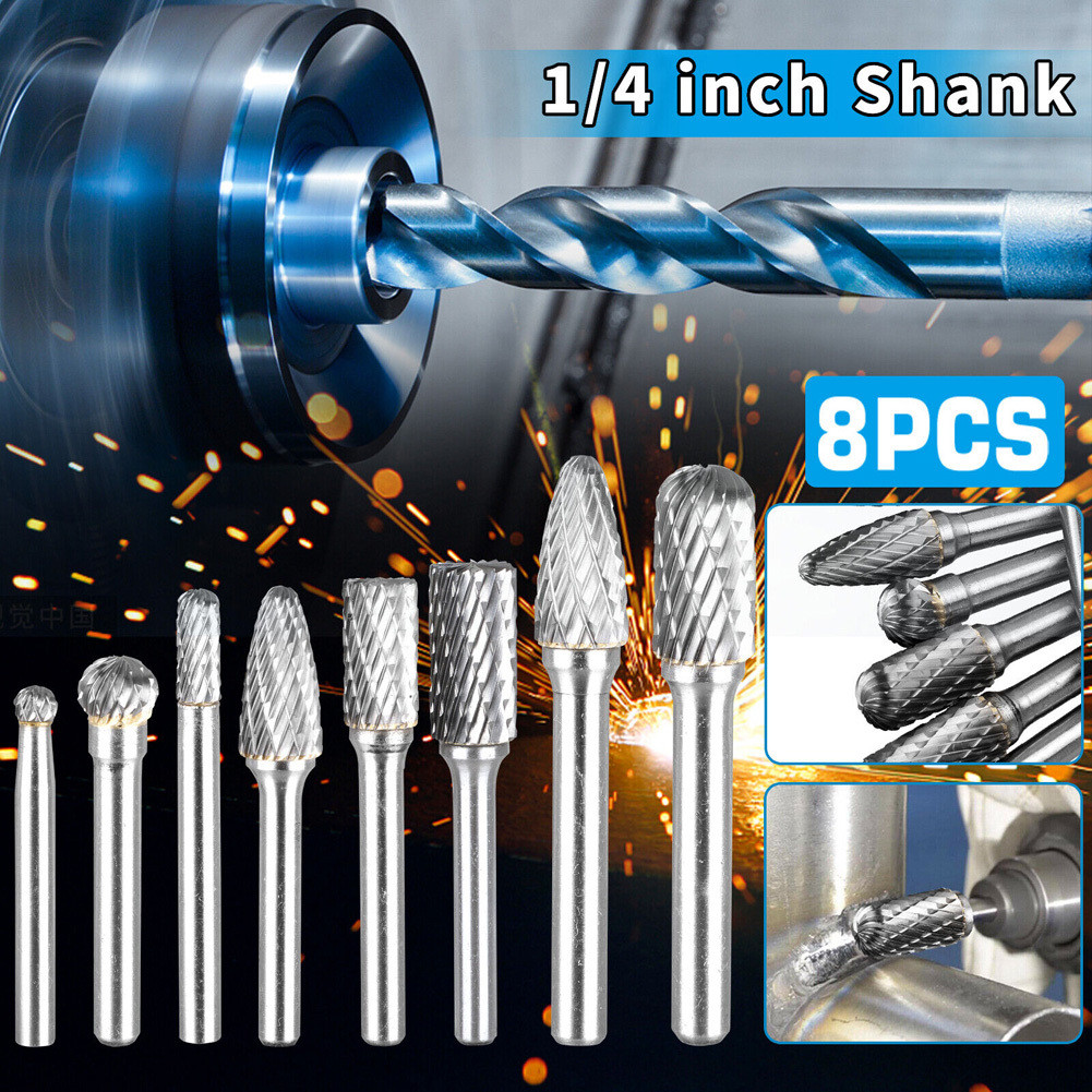 Tungsten Carbide Burr Set 1/4" Shank 8Pcs Rotary Cutting Burrs Die