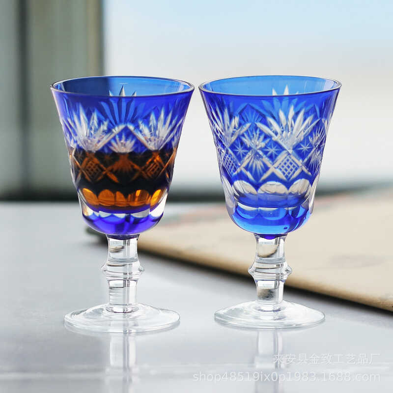 E2 Japanese Edo Chisel Handcarved Gold Tone Crystal Glass Sake Spirit