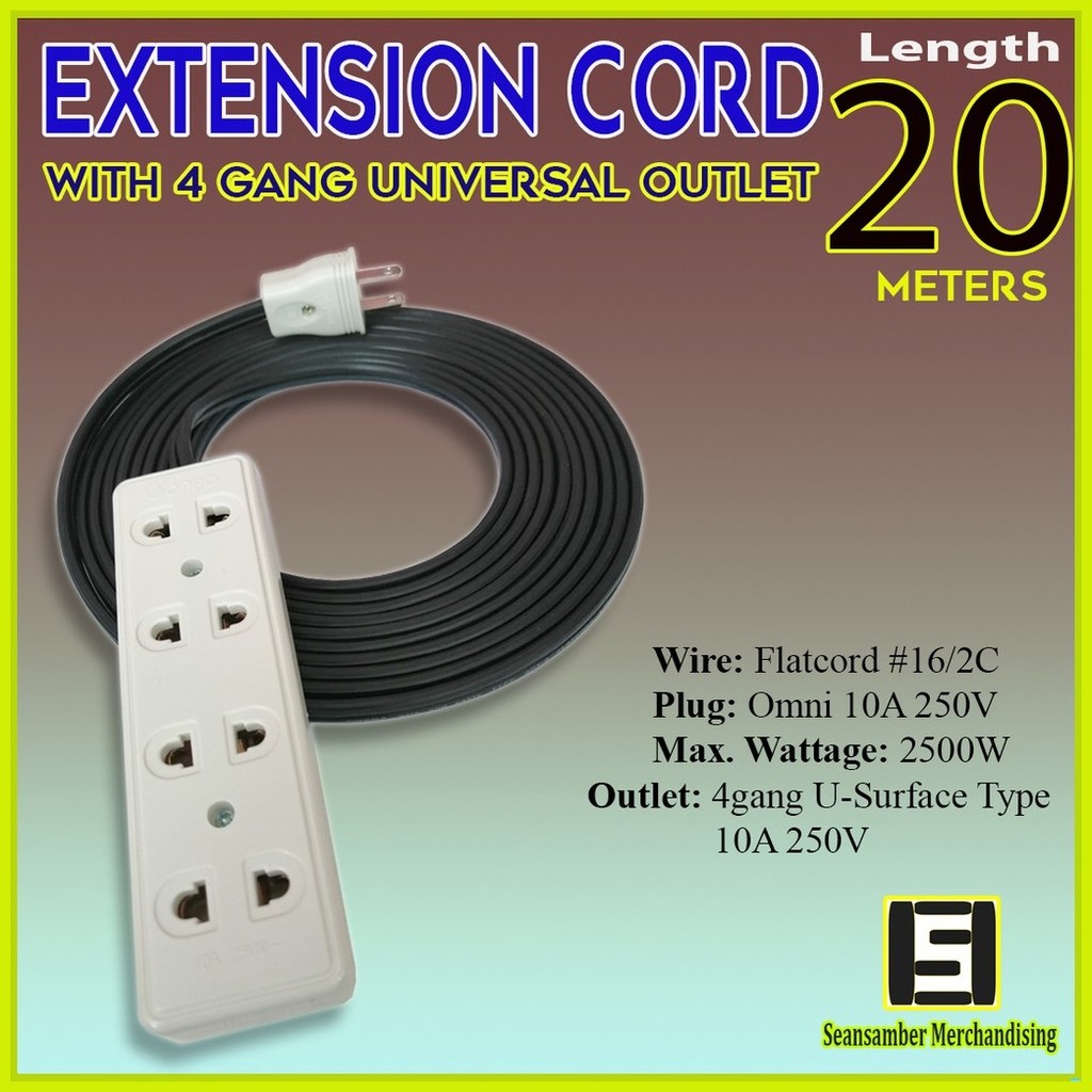 Extension Cord with 4 Gang Universal Outlet 20 Meters in Length