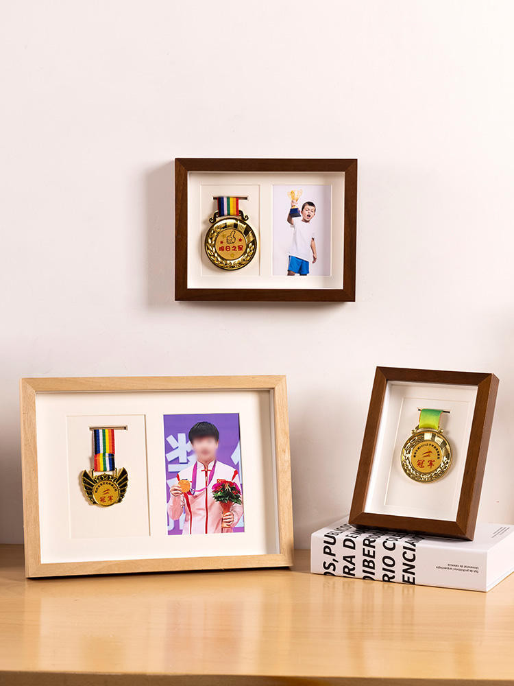 FINGERINSPIRE Medal Display Frame 15.2x20.3cm Light Khaki Wooden Medal Display Stand Photo Frame Display Stand Medal Holder Frame Medal Display Case Badge Box Frame For Medal Display Athletes - View #3