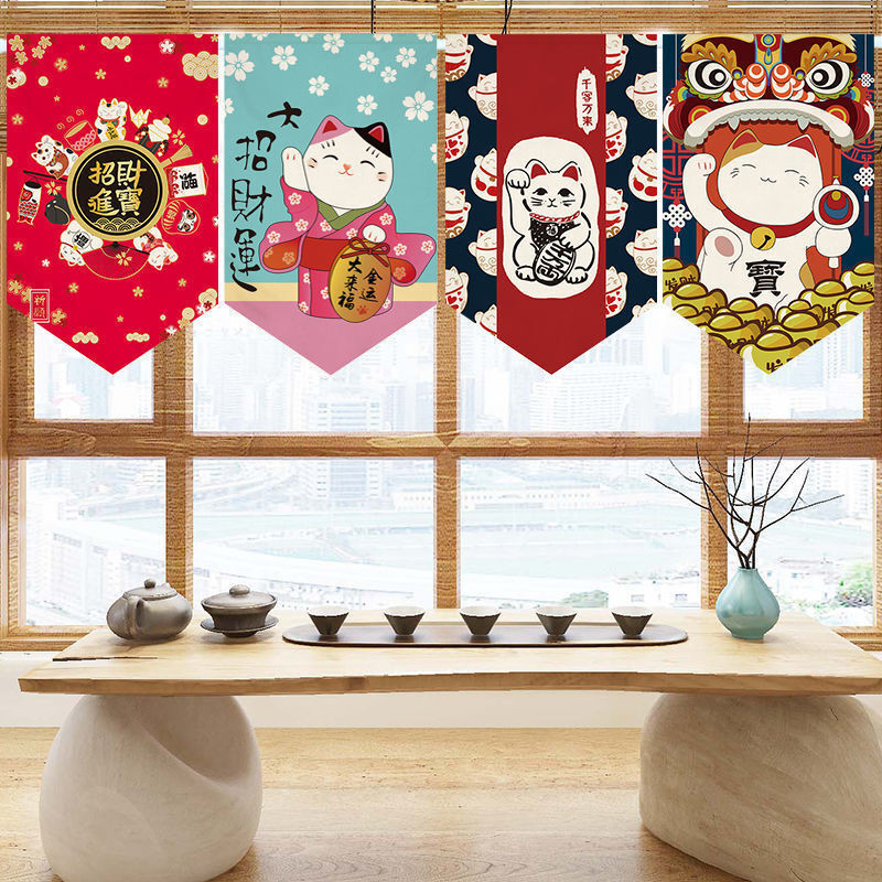 Japanese Style Fortune Cat Fabric Paron Door Curtain Triangle Hanging